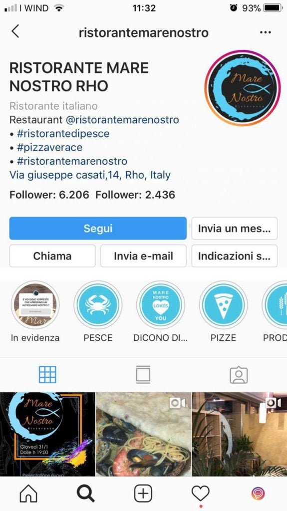 profilo ristorante mare nostro rho instagram stories in evidenza